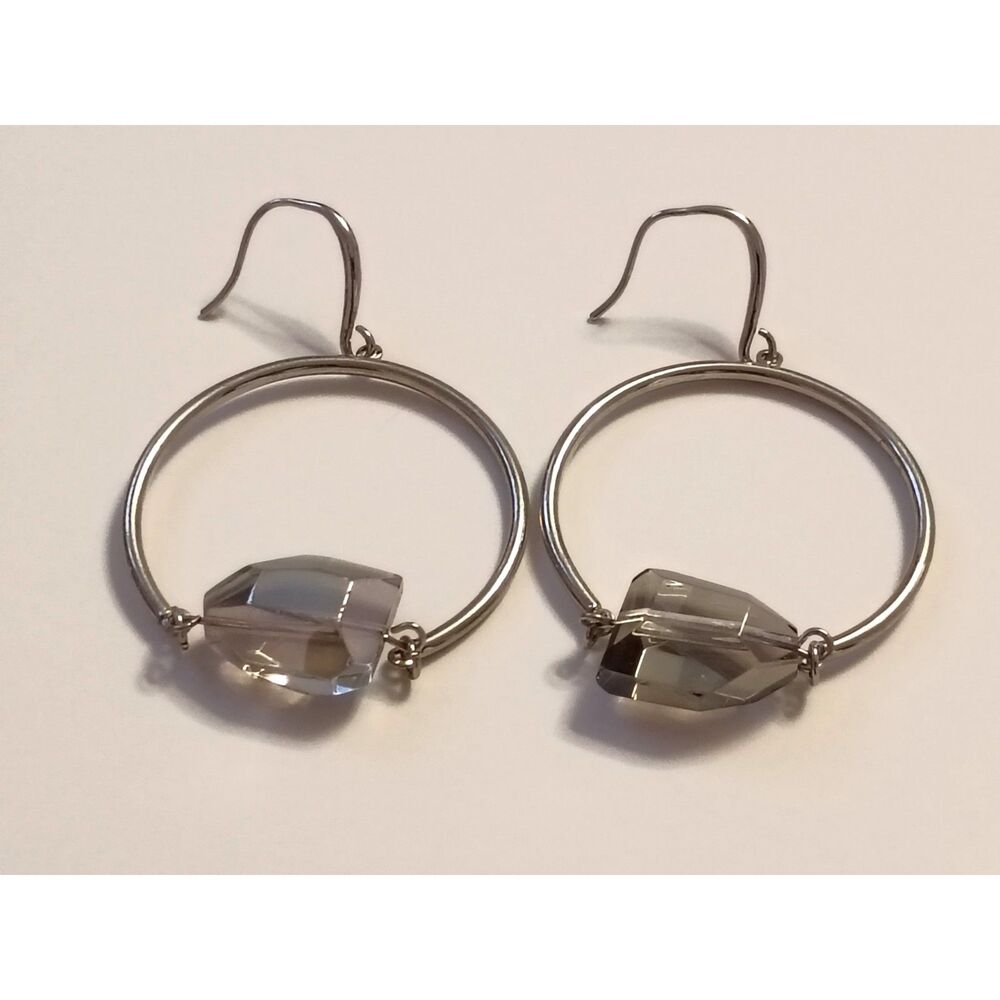 Vintage Classic Large Smoky Crystal Silver Toned Swing Hoop Earrings